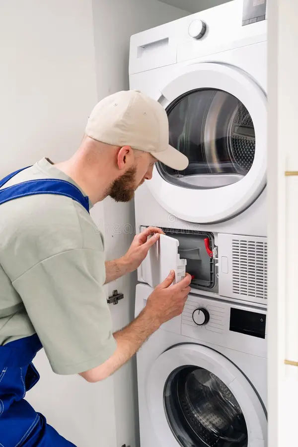 técnico de lavadoras realizando mantenimiento en una lavandería moderna un apartamento 442106805